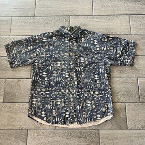 Woolrich Shirt large Button Up Fish Print Short Sleeve Blue Camp Pocket (013)
